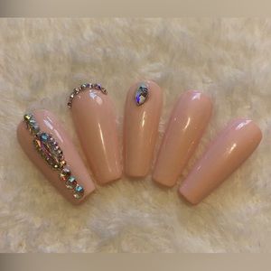 Long coffin pink press on nails rhinestones handmade gel custom